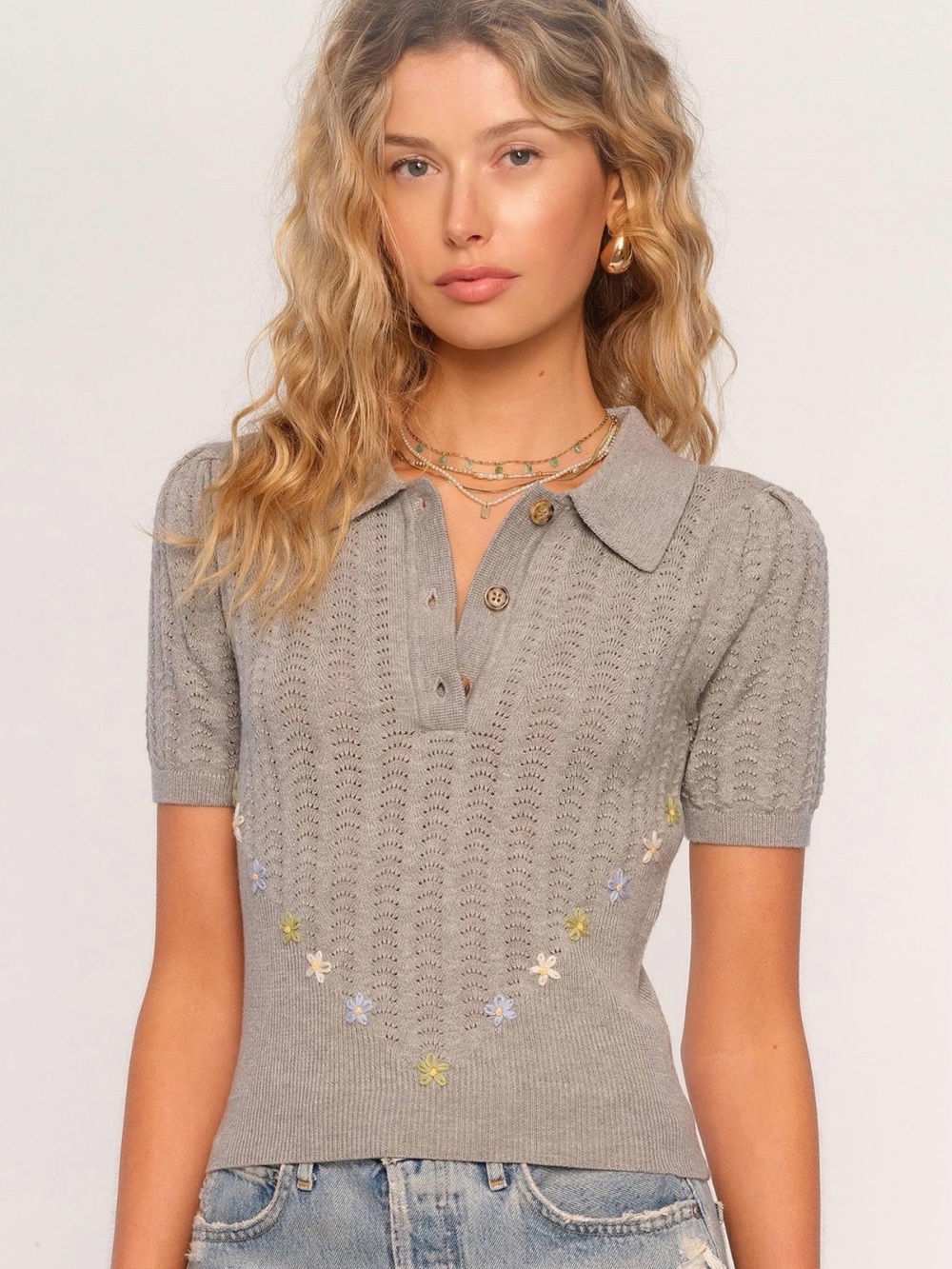 Heartloom Matea Gray Knit Polo Top with Pastel Floral Embroidery XS